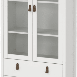 Vitrineskab Vesterholm Lunor - glasvitrine, hvid, 2 glasdøre, 3 skuffer, spånplade, H199ÃB78ÃD32 cm, FSC, klar til vægmontering